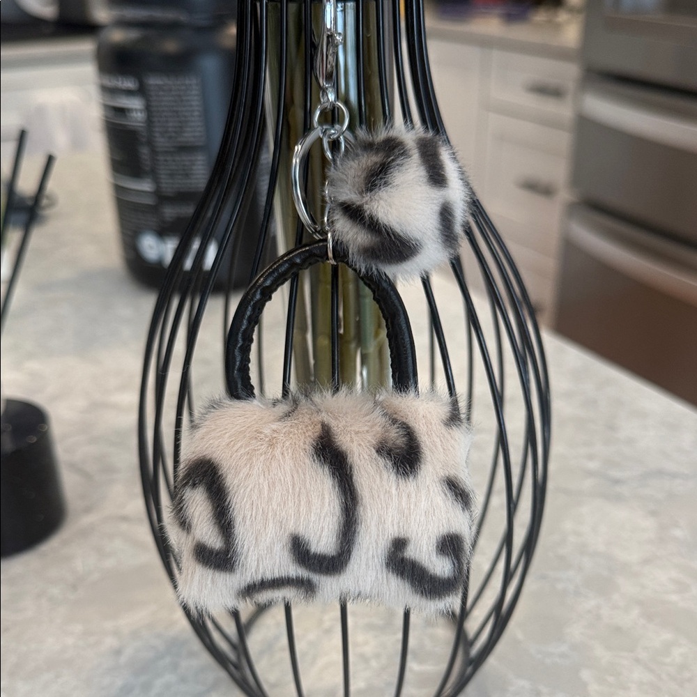 Pink leopard print mini handbag purse charm with pom-pom